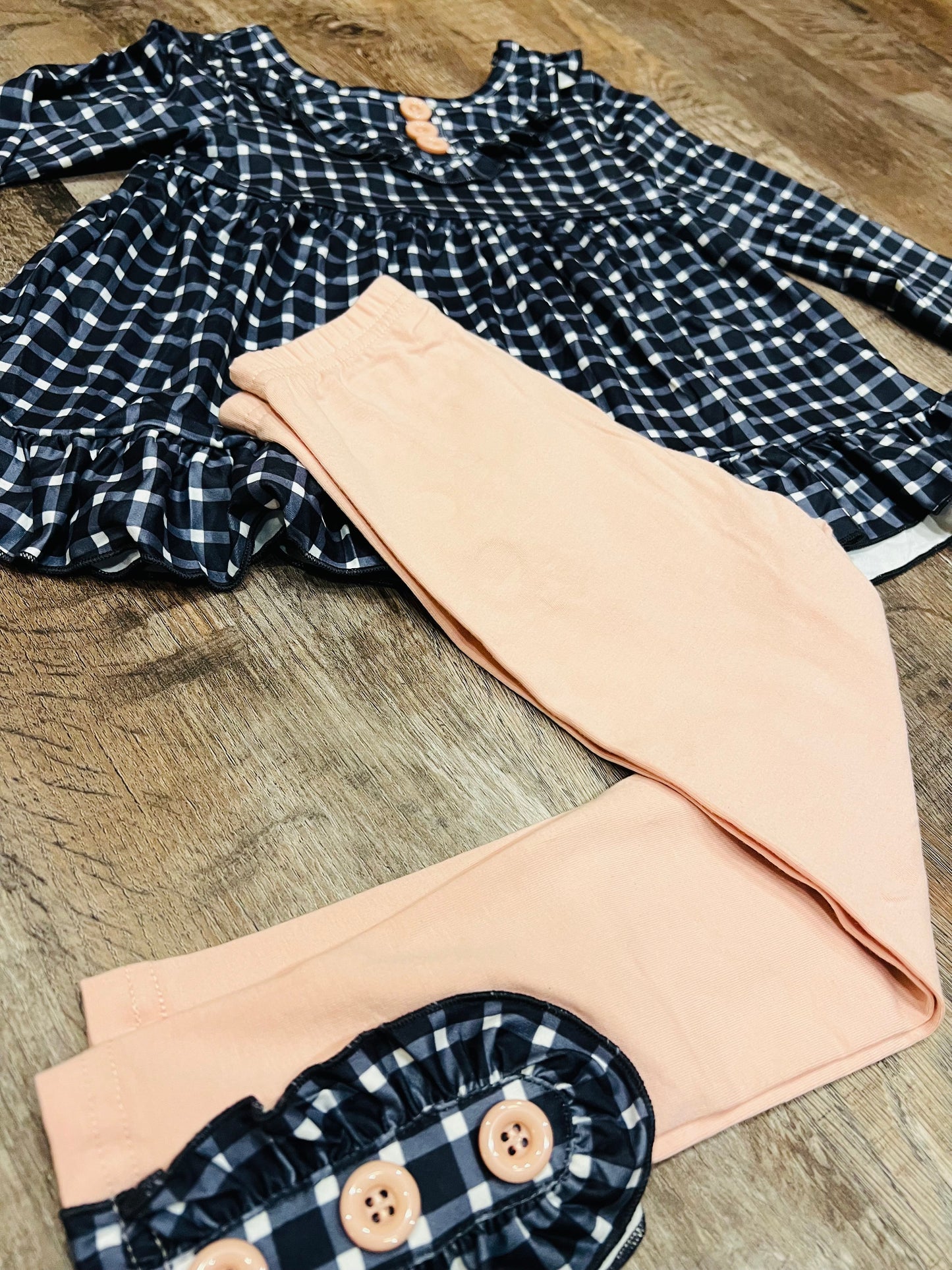 Kids Pink & Navy Gingham Check Ruffle Pant Set