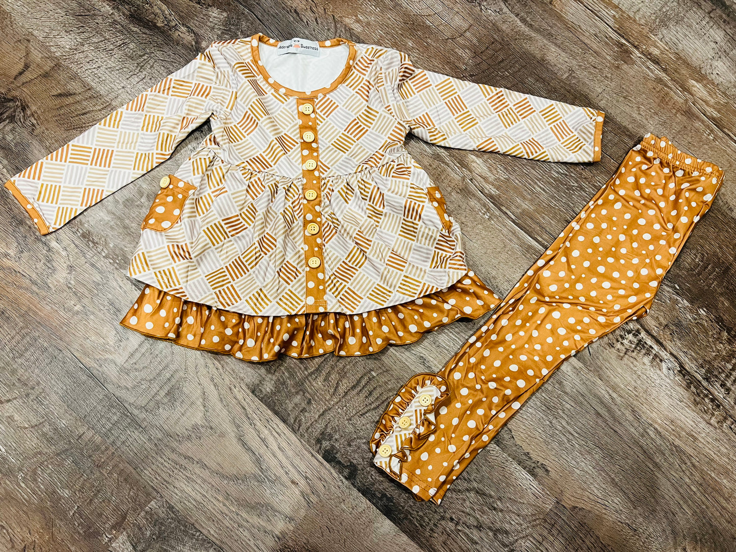 Kids Mustard Polka Dot Button Pocket Ruffle Set