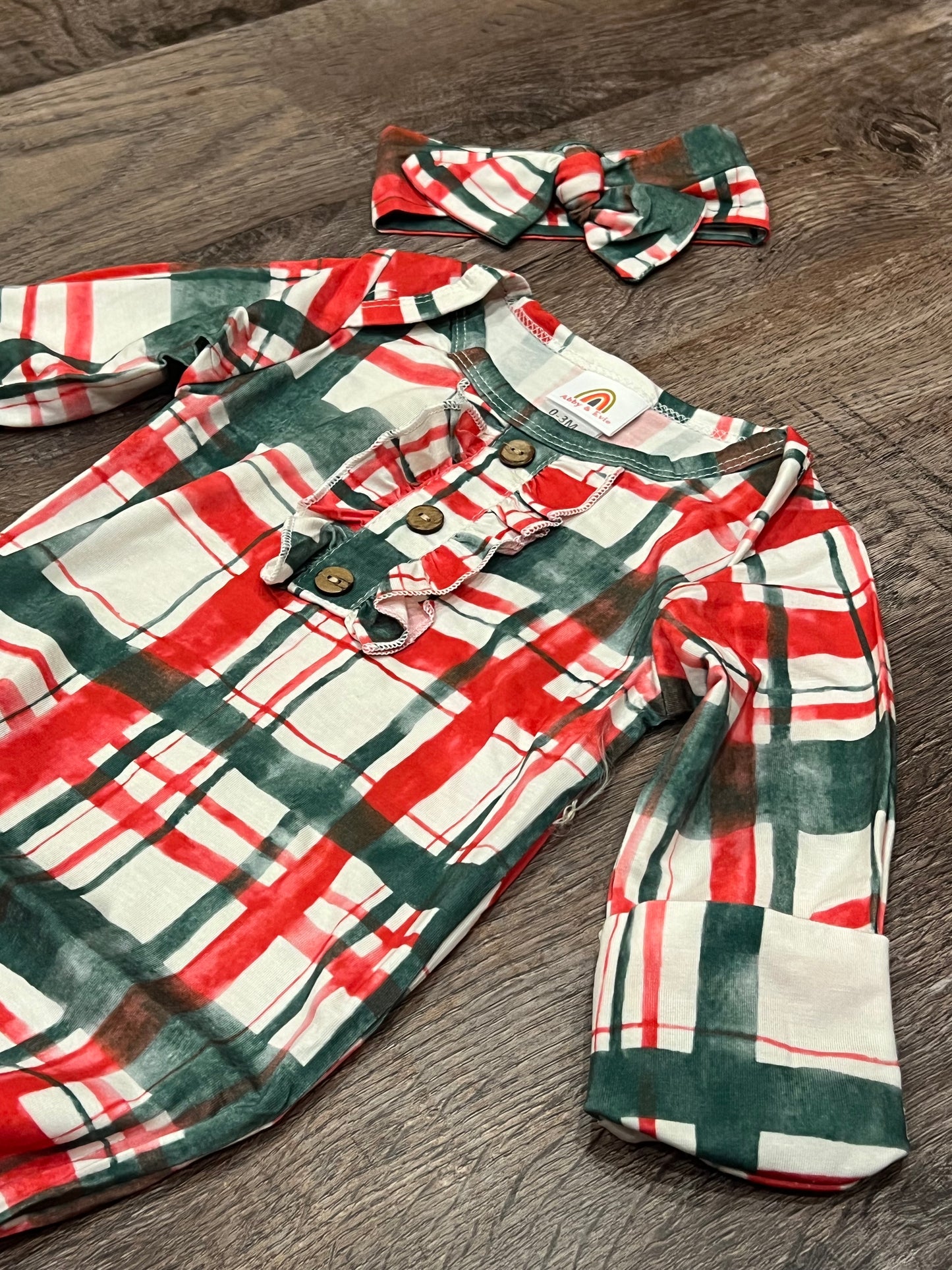 Green plaid bamboo baby gown with matching headband!