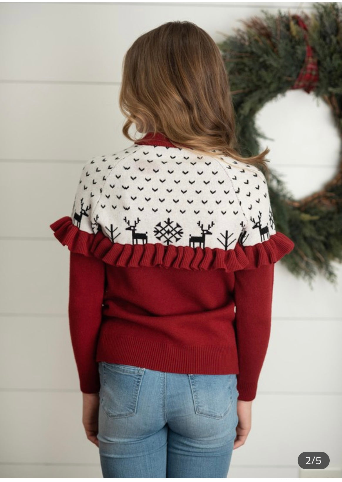 Girls Christmas Holiday Reindeer Ruffle Sweater