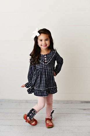 Kids Pink & Navy Gingham Check Ruffle Pant Set