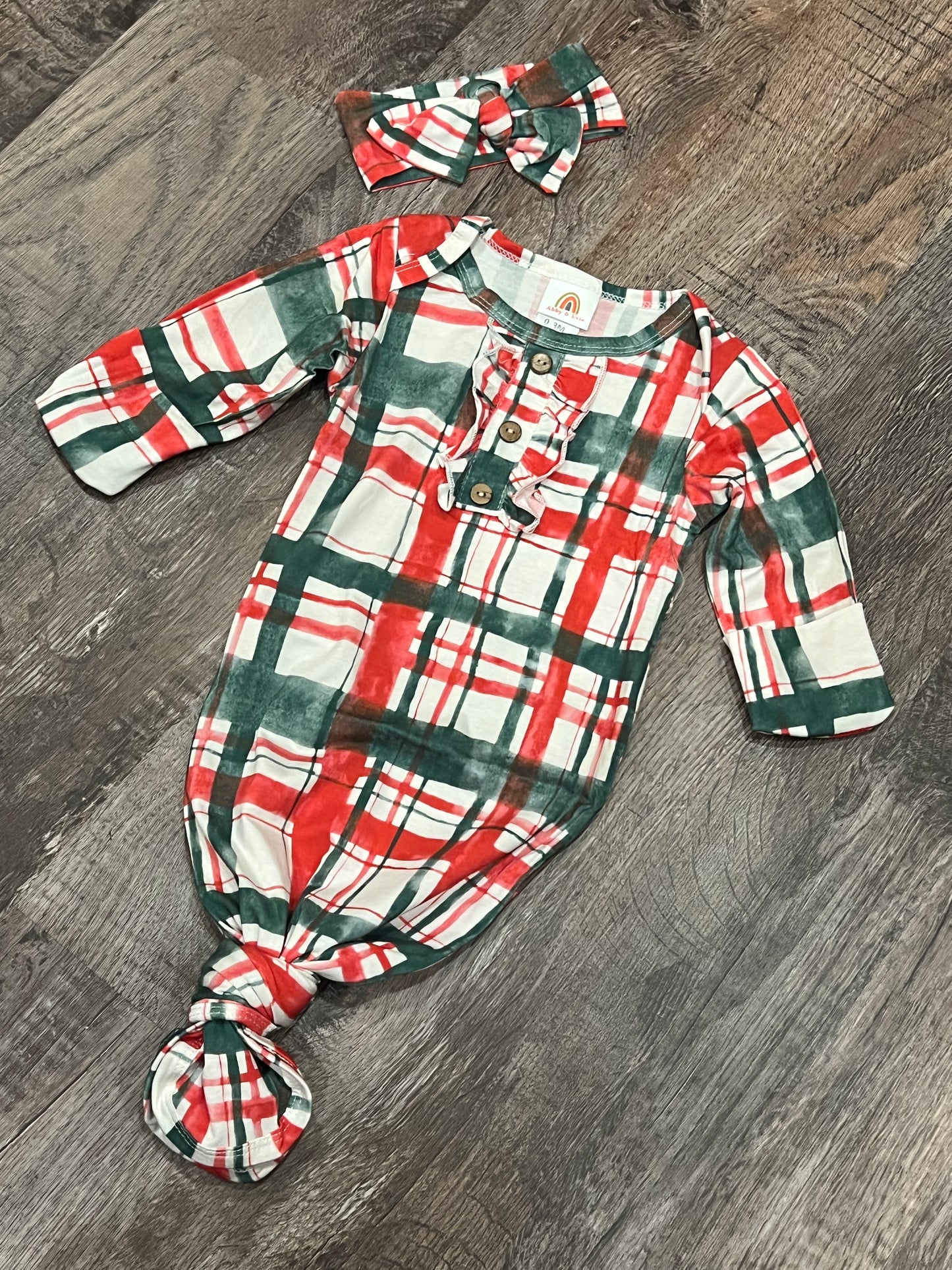 Green plaid bamboo baby gown with matching headband!