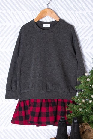 CONTRAST PLAID RUFFLE HEM SWEATSHIRTS DRESS- CHARCOAL