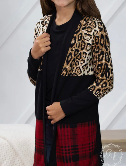 Girls' Chillin' Cardigan with Leopard and Plaid Leopard