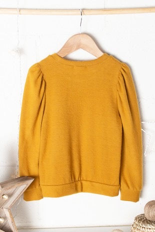 CONTRAST V-STITCH PUFF SLEEVE TOP- MUSTARD