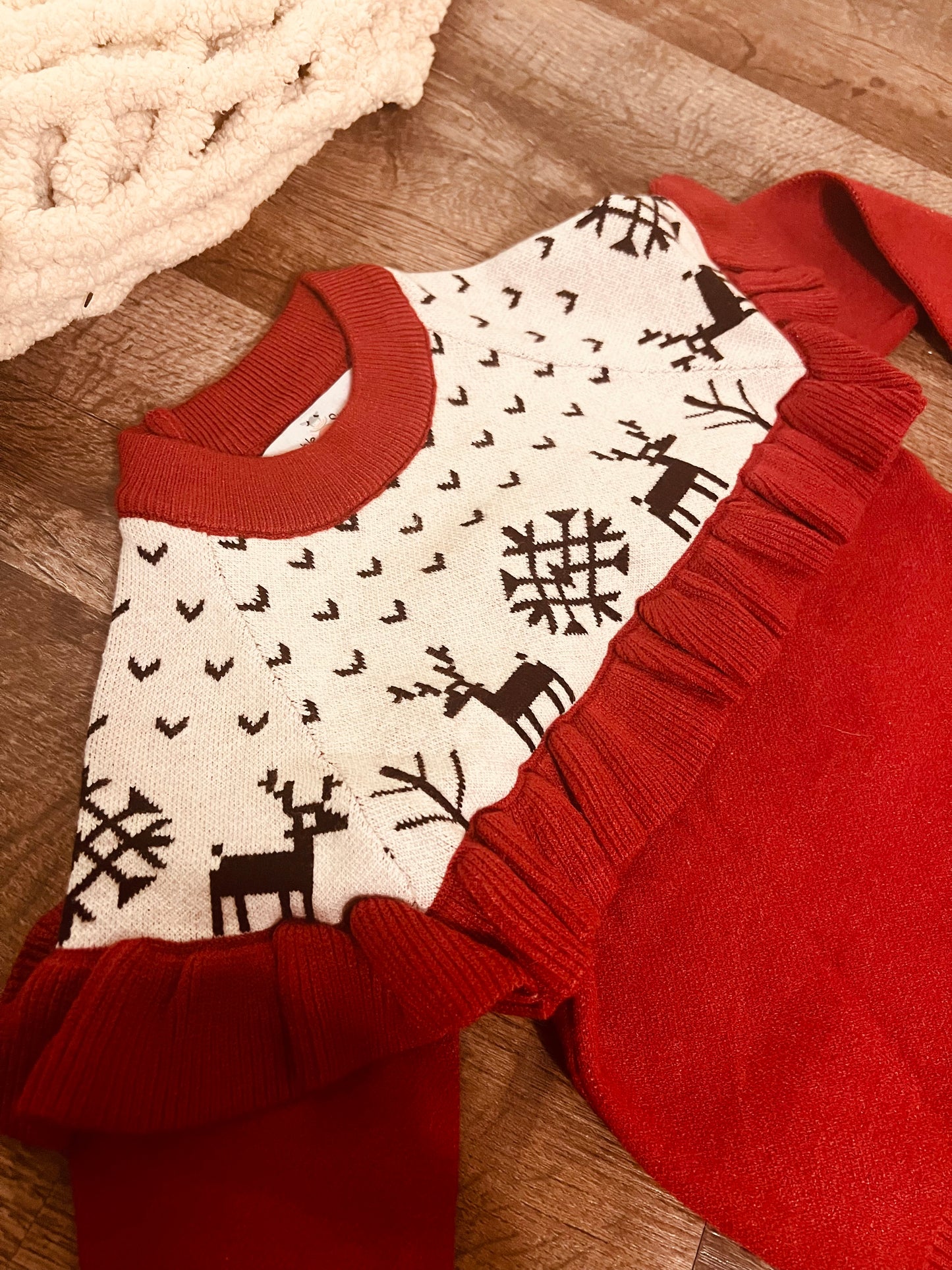 Girls Christmas Holiday Reindeer Ruffle Sweater