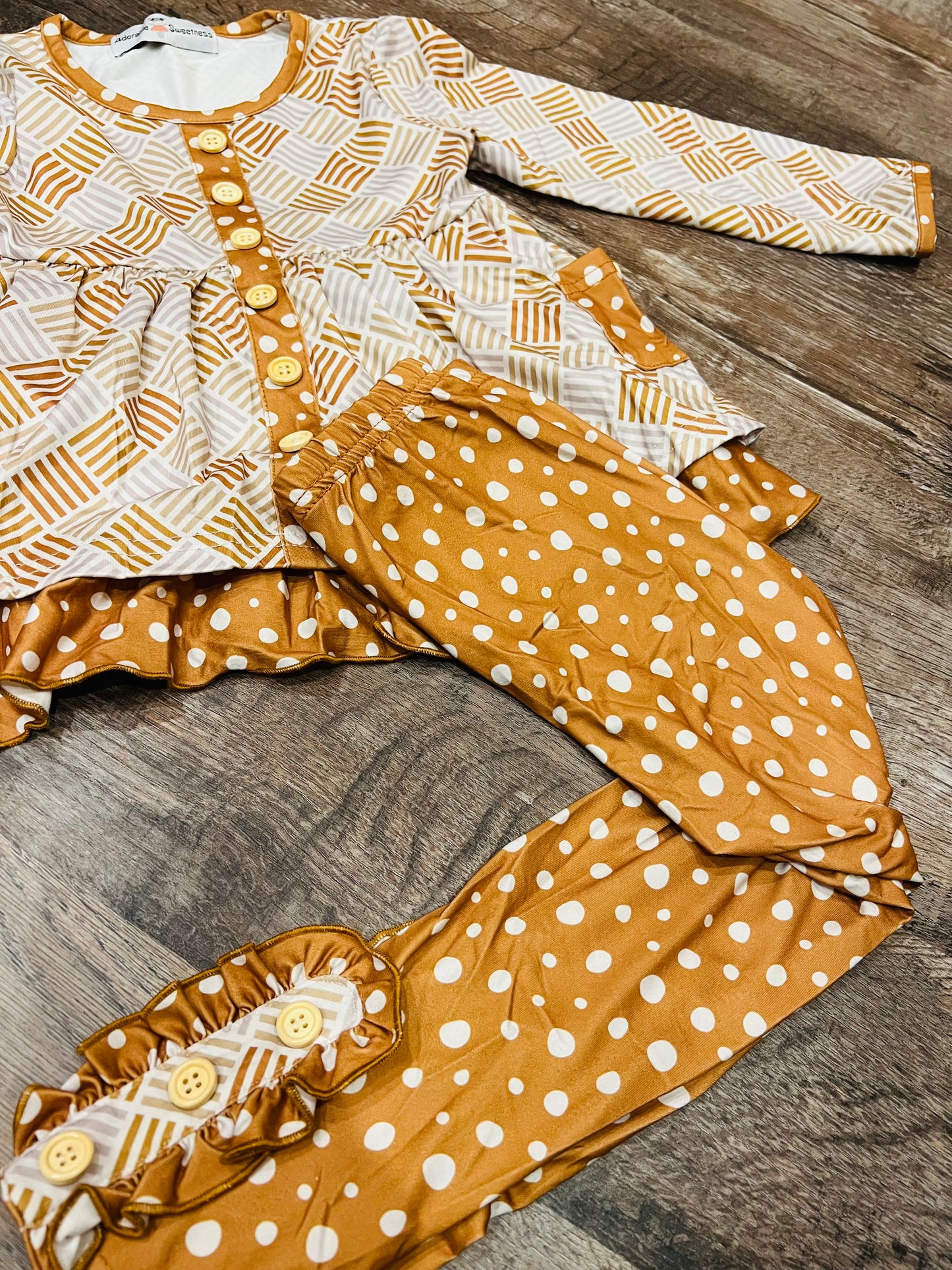 Kids Mustard Polka Dot Button Pocket Ruffle Set