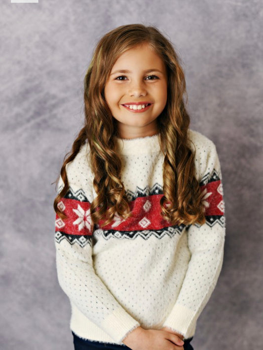 Girls ivory crew neck sweater with   red and black winter detail.