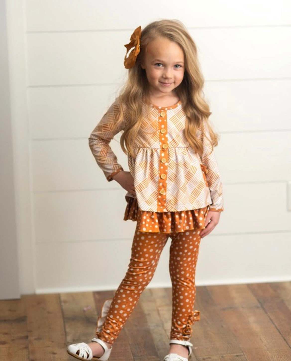 Kids Mustard Polka Dot Button Pocket Ruffle Set