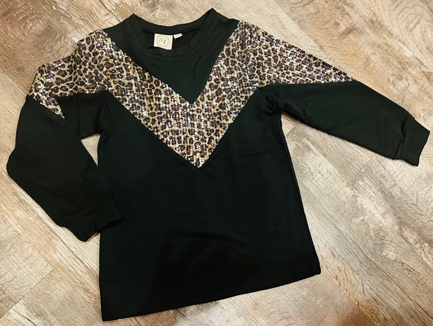 Girls A Diva Named V Balloon Long Sleeve with Sequins, Leopard. Black