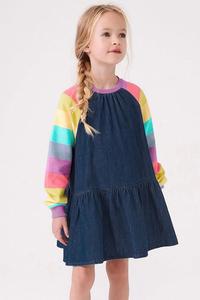 Girls rainbow crewneck A-line dress in denim