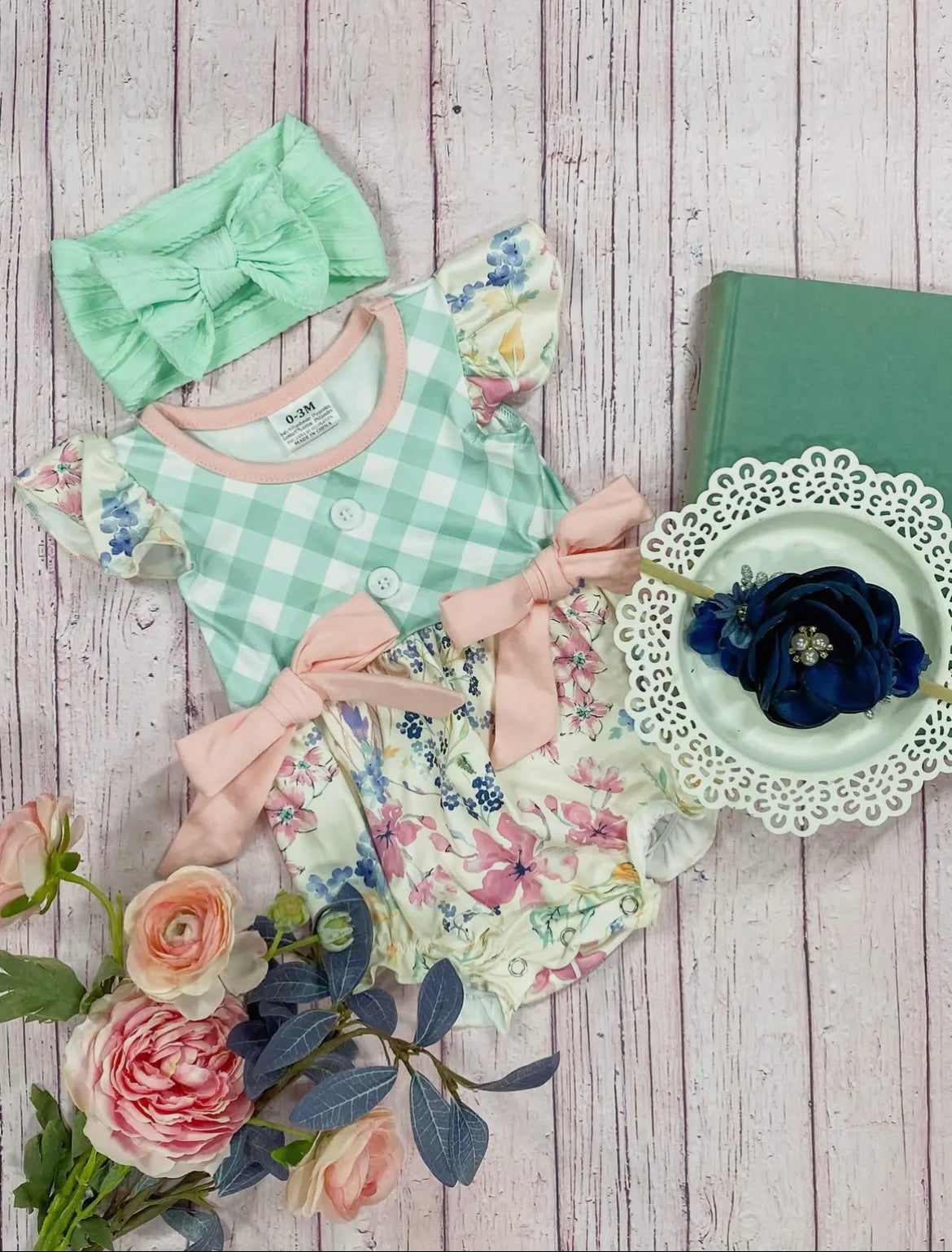 Floral Aqua Gingham Infant Romper