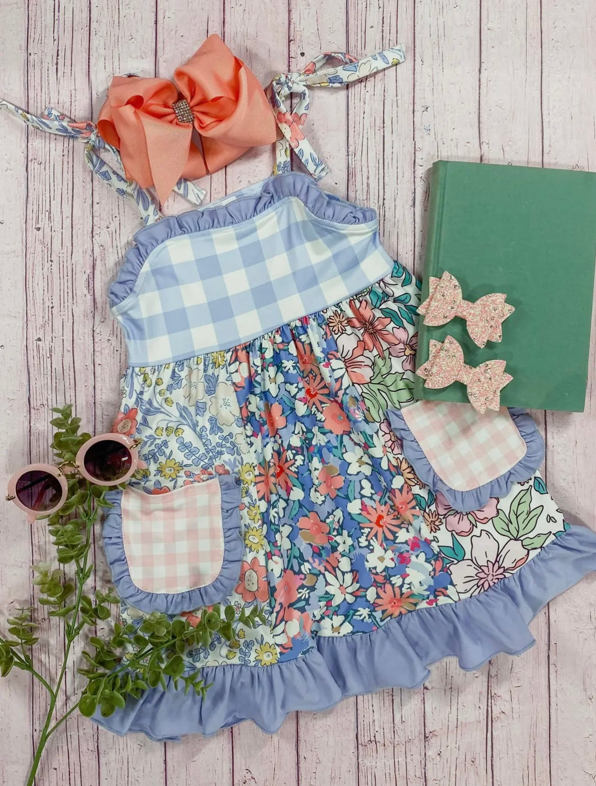 Periwinkle flowers and Gingham pocket dress